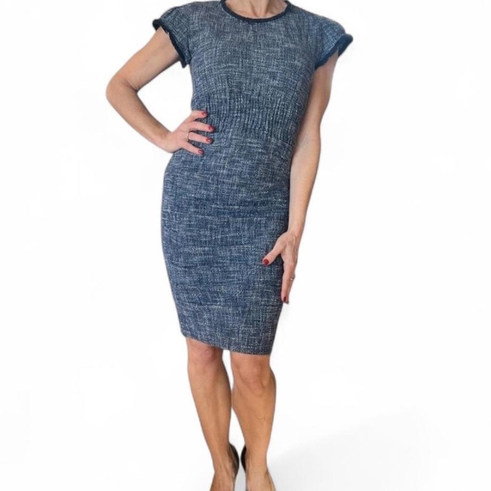 Maje Women’s L Navy Blue Textured Cap Sleeve Midi Dress Fitted Designer